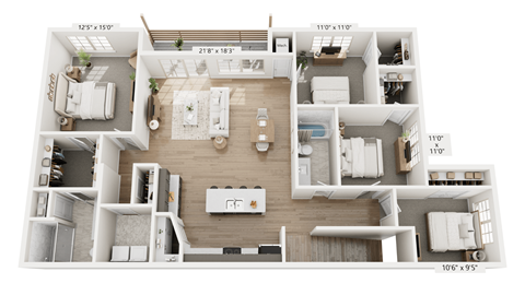 A floor plan of a house with a living room, kitchen, and two bedrooms.